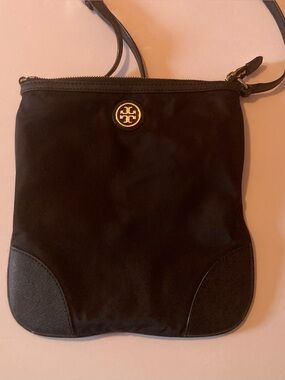 Tory Burch black Crossbody bag with leather trim,Gold hardware and Logo